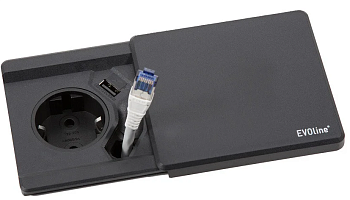 Фото товара: EVOLINE Square80, блок розеток с Qi-зарядкой,1 эл. розетка, 1 разъем RJ45, 1 USB зарядка, черный
