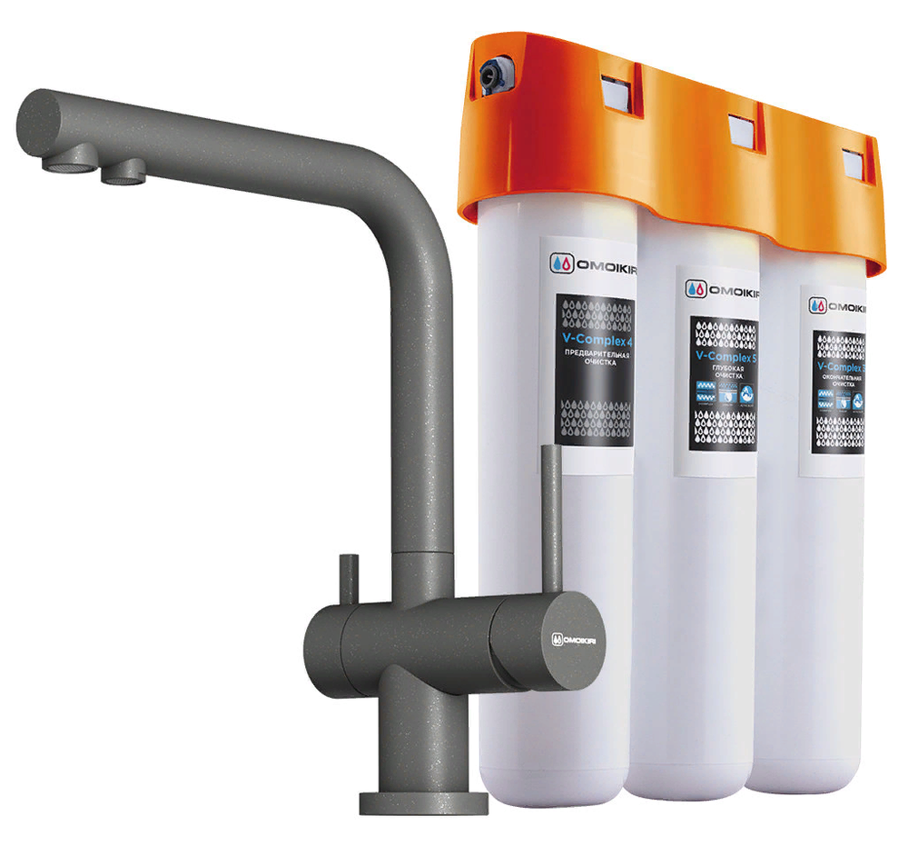 Фото товара: Omoikiri Nagano-PL-P, смеситель, гранит, платина + Pure drop Lite