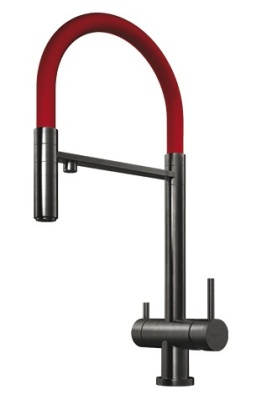 Фото товара: Omoikiri Kanto-PVD-GM, смеситель, вороненая сталь/красный гибкий шланг