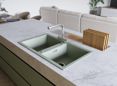 Детальное фото товара: Omoikiri Kitagawa 86-2-WG, мойка, керамика, ветреный зеленый