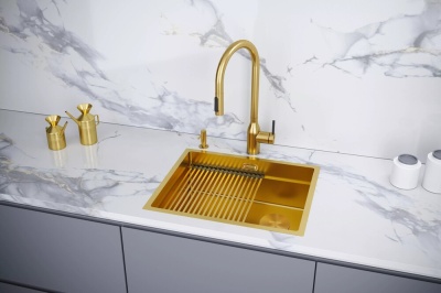 Paulmark NEXT-PRO 54 UNI, мойка, нержавеющая сталь, брашированное золото Детальное фото товара: Paulmark NEXT-PRO 54 UNI, мойка, нержавеющая сталь, брашированное золото