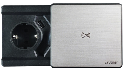 Детальное фото товара: EVOLINE Square80, блок розеток с Qi-зарядкой,1 эл. розетка, 1 разъем RJ45, 1 USB зарядка, нерж.сталь