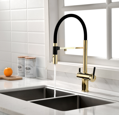 Детальное фото товара: Paulmark GRAVITY, смеситель, золото, черный шланг