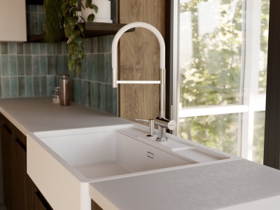 Детальное фото товара: Omoikiri Kanto-2 Plus-SB BN-WH, смеситель, латунь, нержавеющая сталь/белый