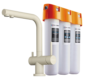 Фото товара: Omoikiri Nagano-BE-P, смеситель, гранит, ваниль + Pure drop Lite