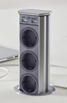 Фото товара: SFL BRICK блок встраиваемый 3 эл. розетки, 2 USB зарядки, нержавеющая сталь