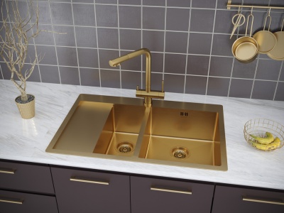 Детальное фото товара: Paulmark KRONER 78/2SF, мойка, нержавеющая сталь, брашированное золото, правая