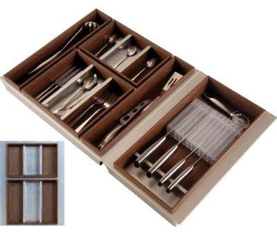 Детальное фото товара: Tecnoinox лоток для столовых приборов Domino Portaposate 45, B50, ДСП 18мм алюминий+венге