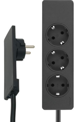 Детальное фото товара: EVOLINE Plug, удлинитель с плоской вилкой и тройной розеткой, кабель 1,5 м, черный