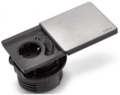 Детальное фото товара: EVOLINE Square80, блок розеток с Qi-зарядкой,1 эл. розетка, 1 USB зарядка, нерж.сталь