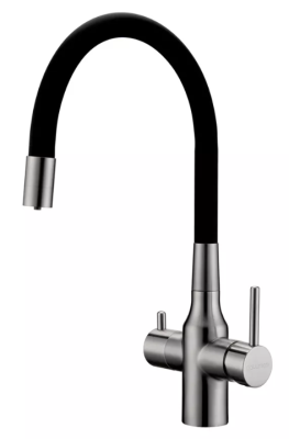 Paulmark SALIX, смеситель, брашированная сталь, черный шланг