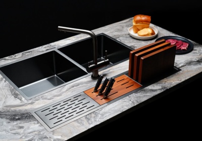 Детальное фото товара: Omoikiri Taki 86-2-U/IF GM, мойка, нержавеющая сталь/вороненая сталь 